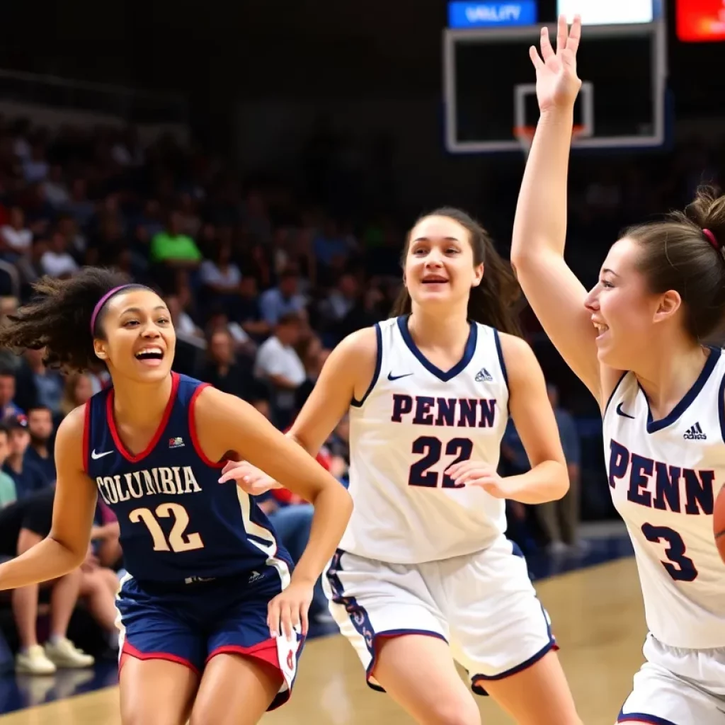 Columbia women's basketball team celebrating after victory against Penn