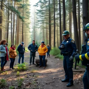 Community members and police working together in a forest.