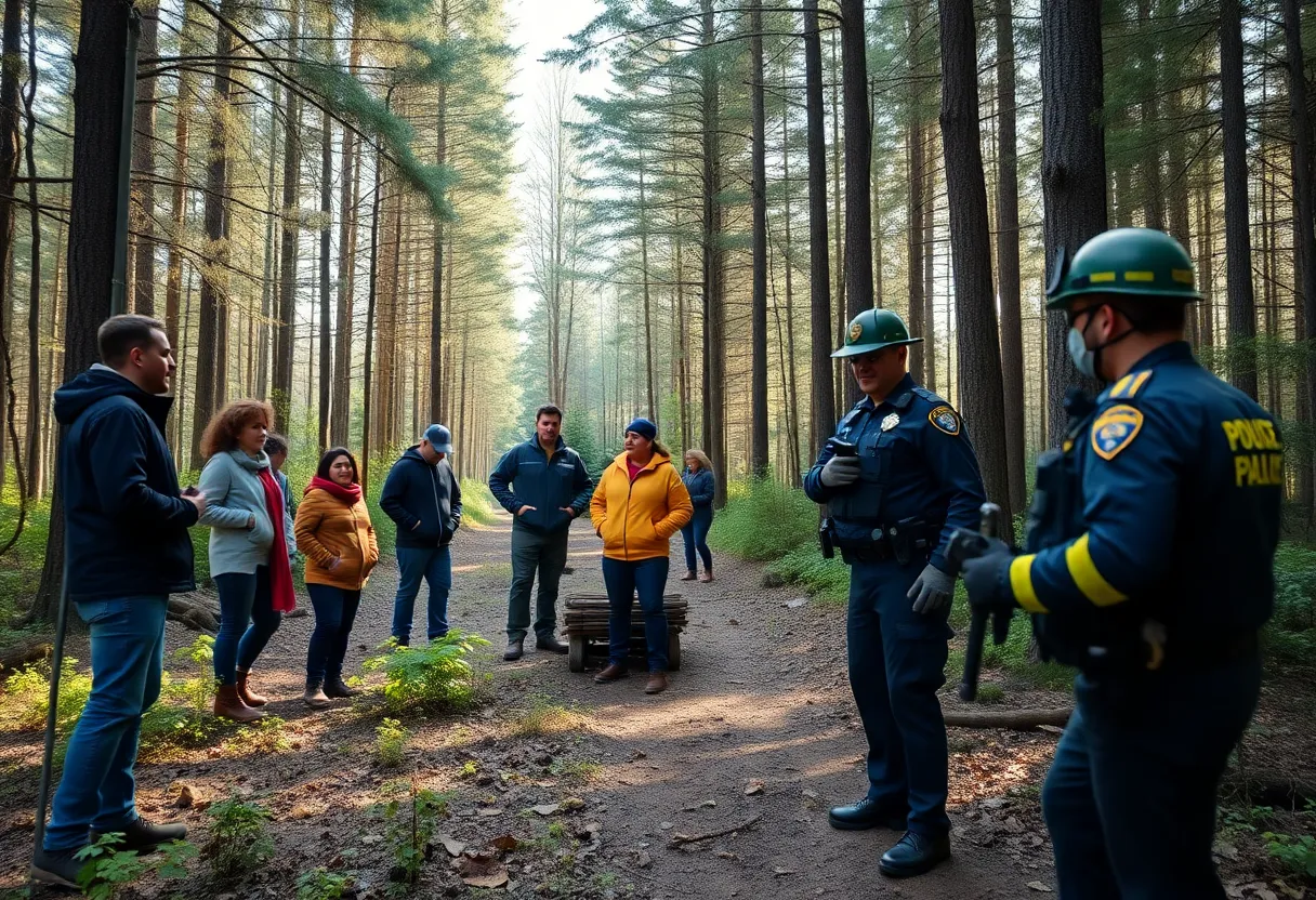 Community members and police working together in a forest.