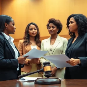 Courtroom scene with women and lawyer discussing legal matters.