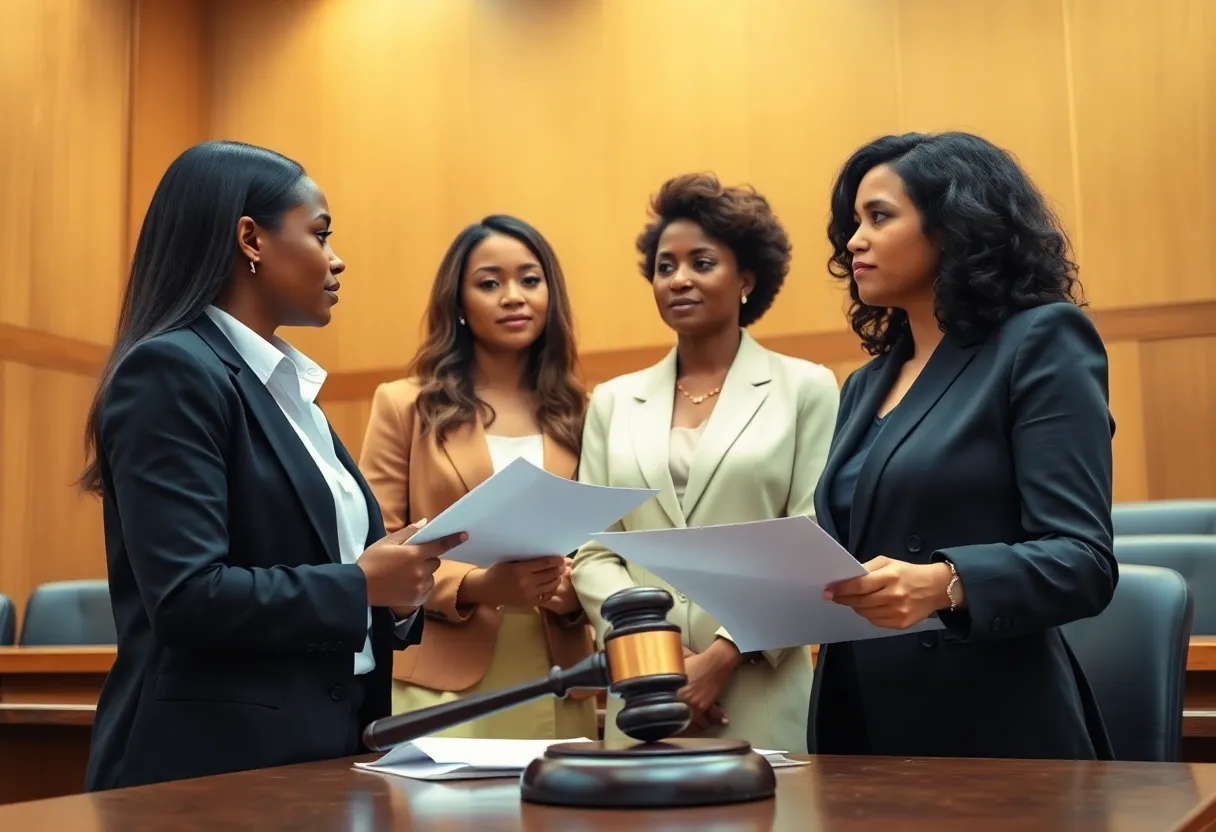 Courtroom scene with women and lawyer discussing legal matters.