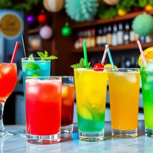 Assorted colorful non-alcoholic drinks served in an inviting bar setting.