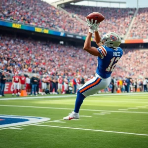 Wide receiver making a one-handed catch during a football game