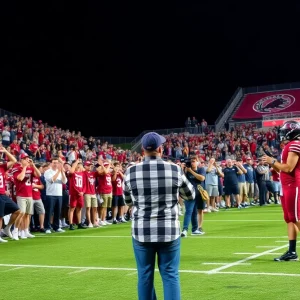 Football commitment announcement scene with fans celebrating.