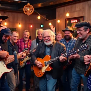 Musicians celebrating Drink Small's 92nd birthday with joyful music.