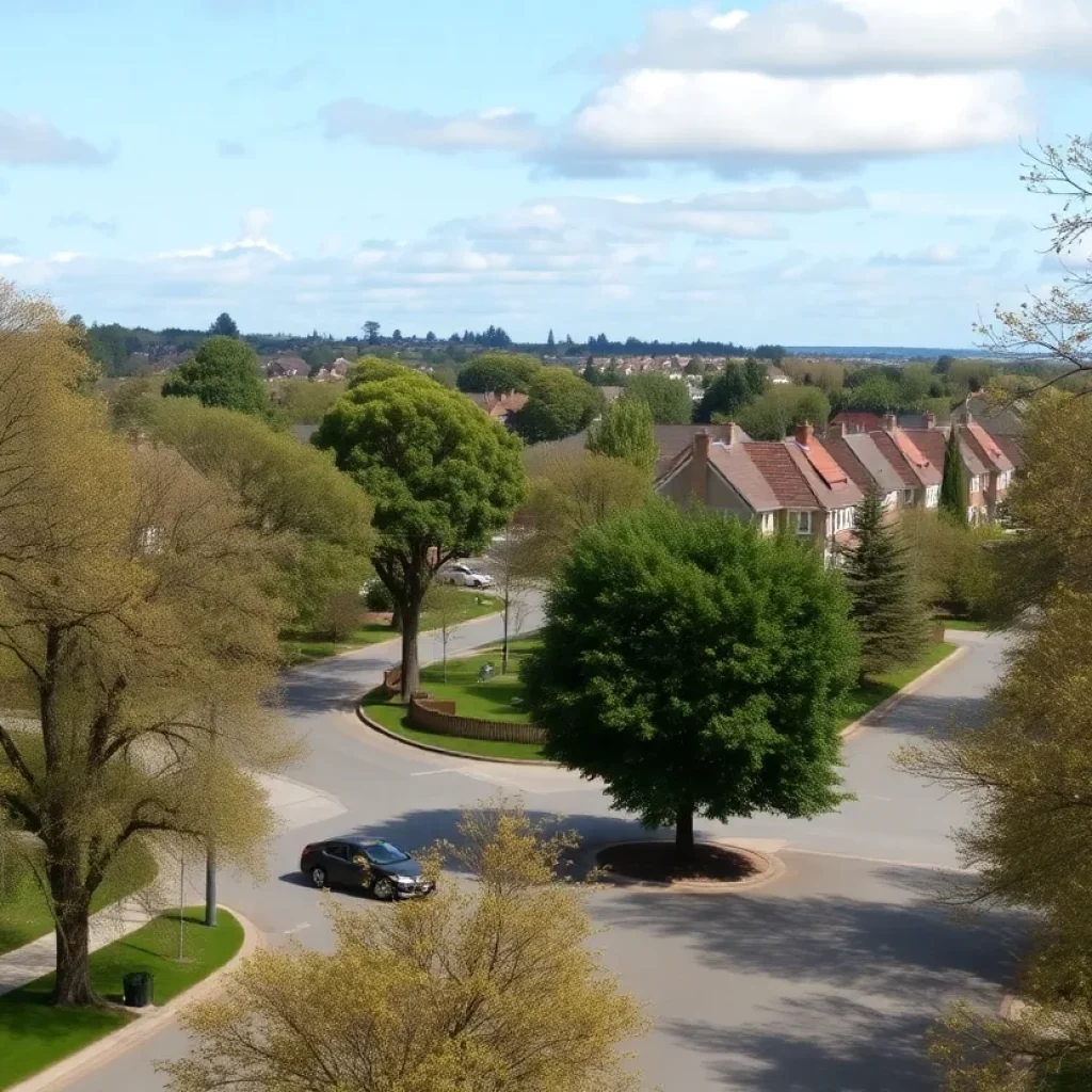 Tree-lined streets of Columbia's Harbison area with signs of community challenges.