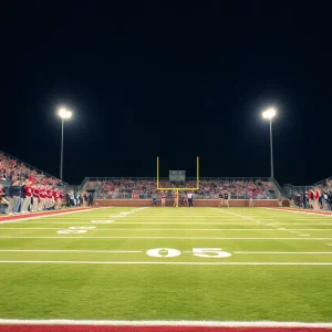 Football stadium filled with cheering fans at a high school game