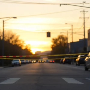 Police tape at a pedestrian accident scene during sunset