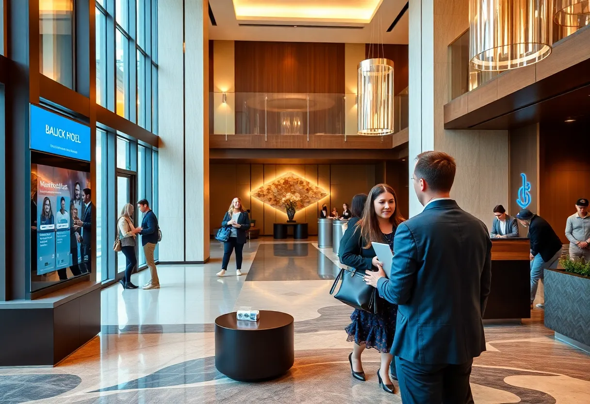 A vibrant and inviting hotel lobby illustrating innovative marketing strategies.