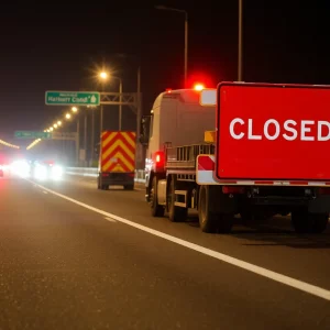 I-26 maintenance work at night with road closure signs