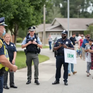 Police officers in Irmo engaging with community members.