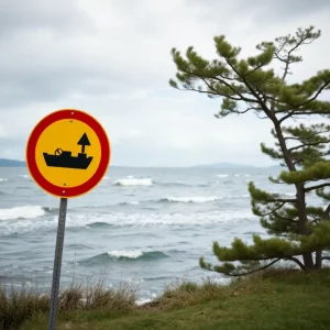 Waves on a lake due to strong winds with a warning sign for boating safety