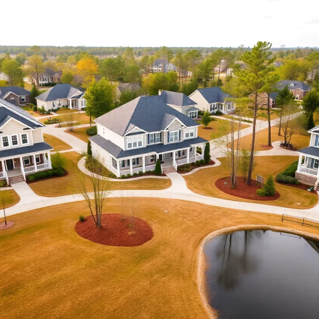 Conceptual image of a new housing development in Lexington County featuring homes and ponds.