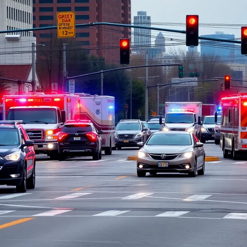 Traffic congestion at an intersection in Lexington with emergency response vehicles.