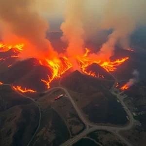 Wildfires burning in Los Angeles County with smoke and flames