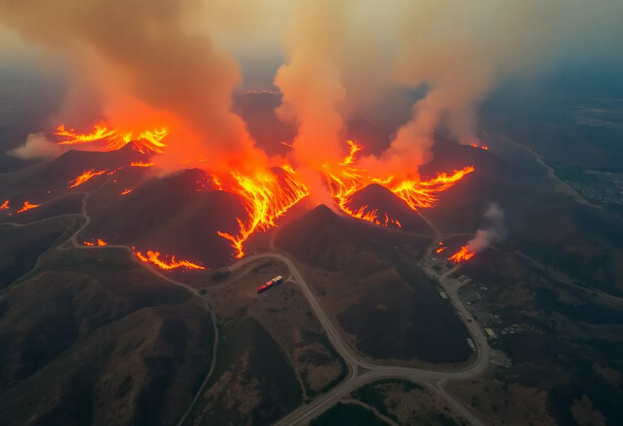 Wildfires burning in Los Angeles County with smoke and flames