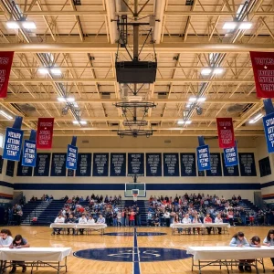 High school gym celebrating National Signing Day