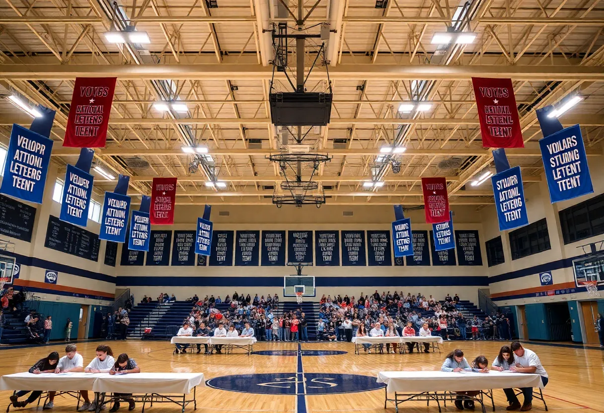 High school gym celebrating National Signing Day