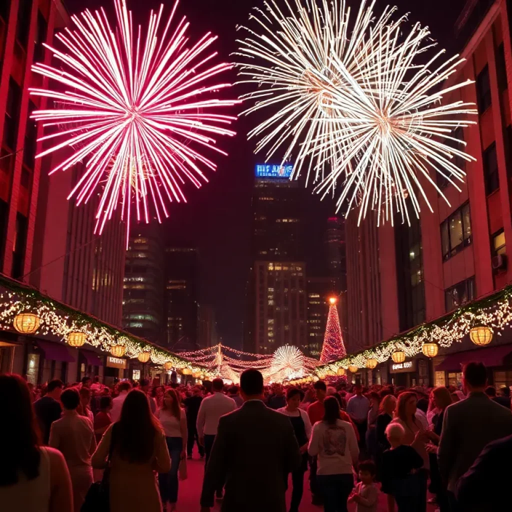 Crowd celebrating New Year's Eve with fireworks in Columbia