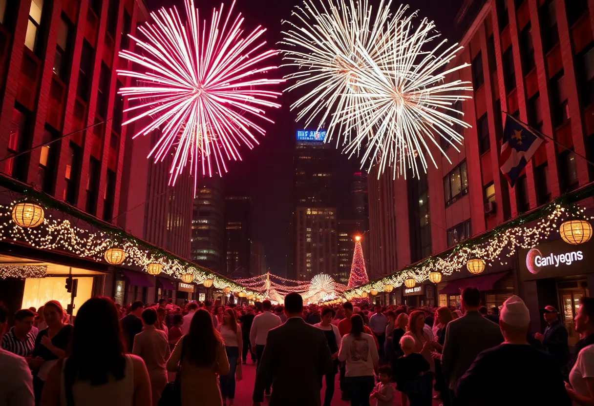 Crowd celebrating New Year's Eve with fireworks in Columbia