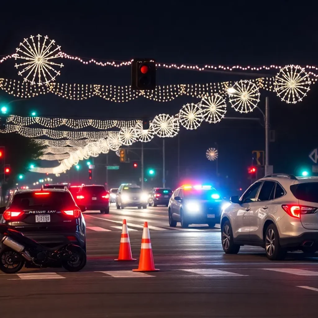 Traffic scene on Sunset Boulevard after a New Year's Eve accident involving a motorcycle and SUV