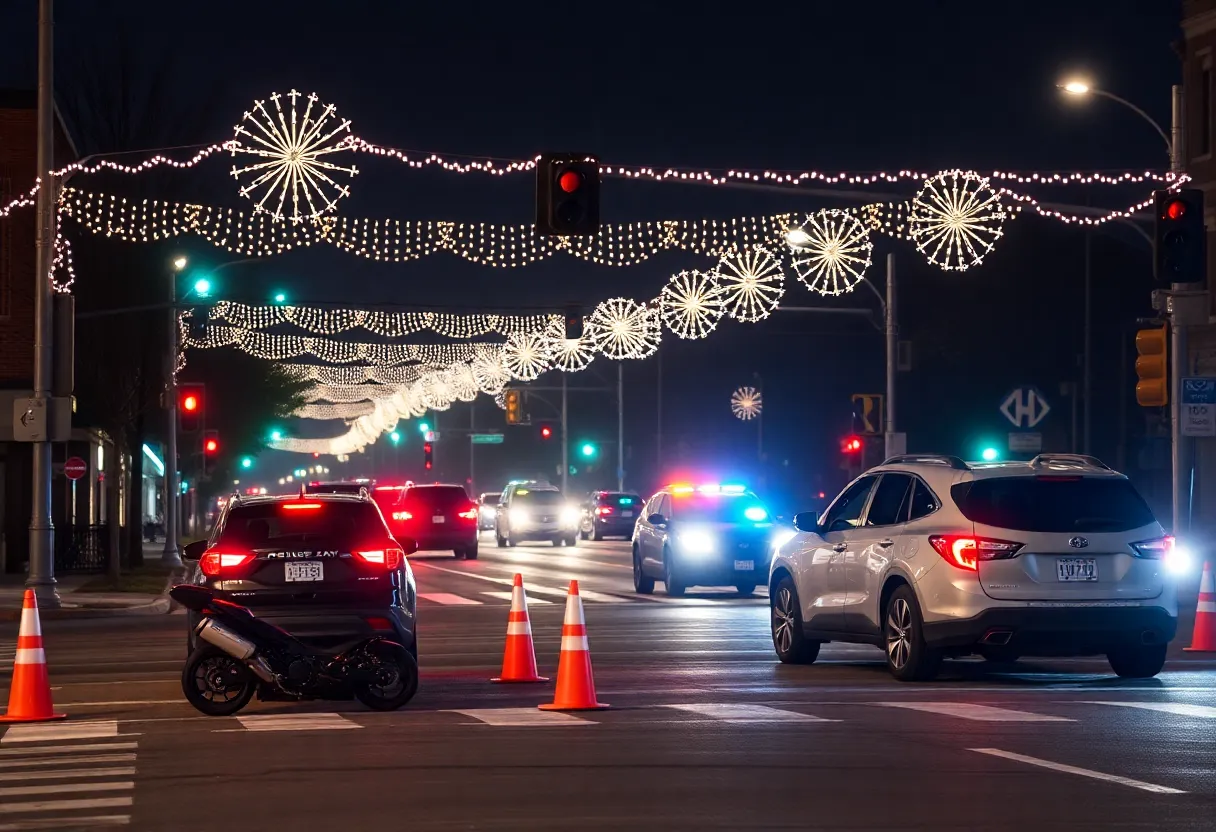 Traffic scene on Sunset Boulevard after a New Year's Eve accident involving a motorcycle and SUV