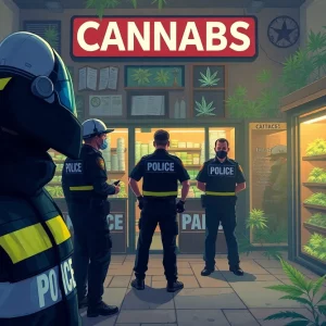 Scene of a police raid at a cannabis shop highlighting the tension.