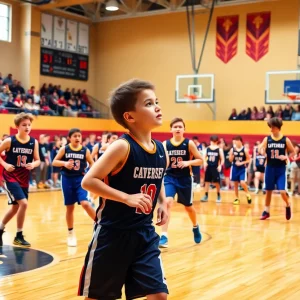 Players competing in a high school basketball game