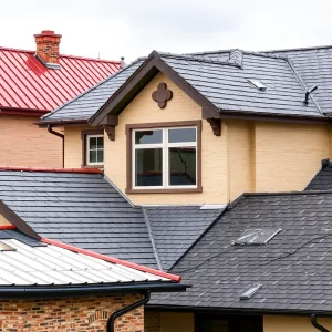 Various types of roofs on homes including metal, slate, and asphalt shingles.