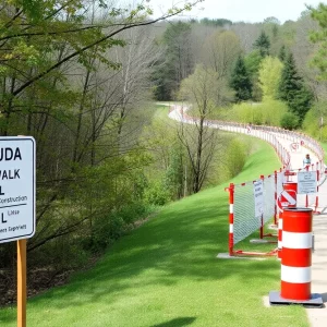 Construction area at Saluda Riverwalk Trail with natural scenery