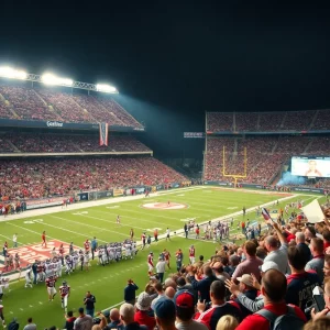 Dynamic football game scene with fans in the stadium