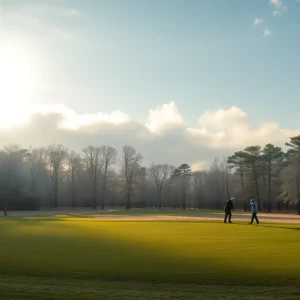 A scenic South Carolina golf course during winter with frost and sunlight.