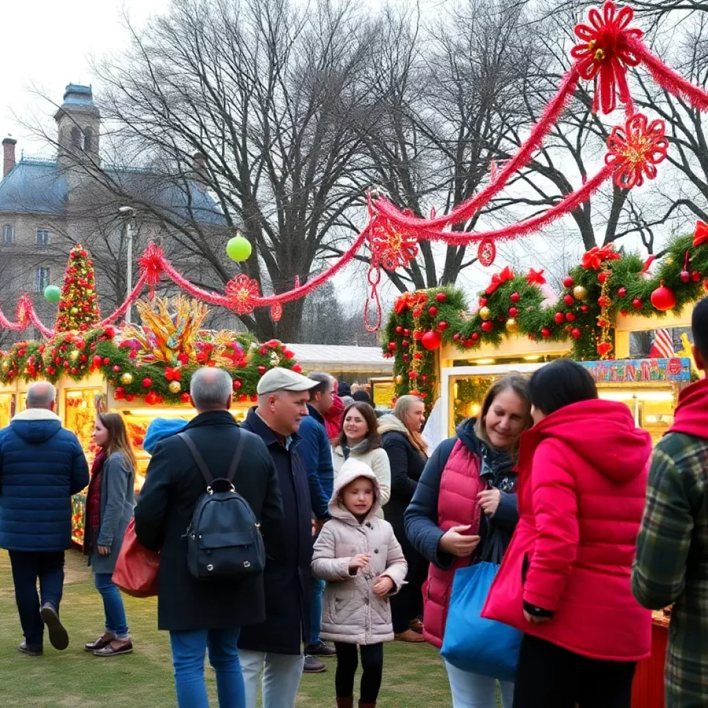 Families enjoying the Three Kings Day Festival at Segra Park, with colorful decorations and food stalls.