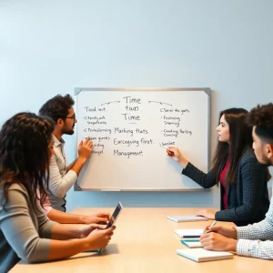 A team discussing time management strategies in a modern office environment.