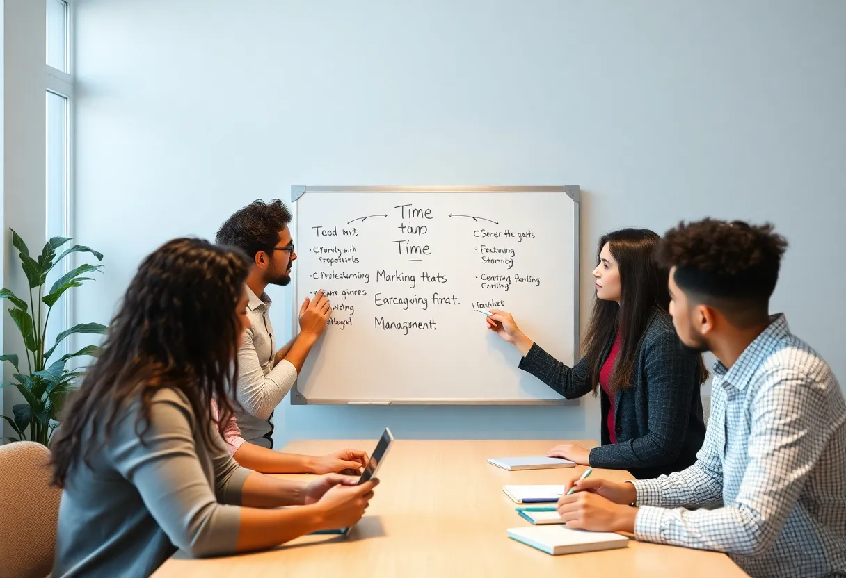 A team discussing time management strategies in a modern office environment.