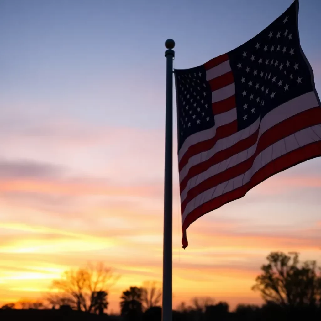 American flag at half-staff during sunset