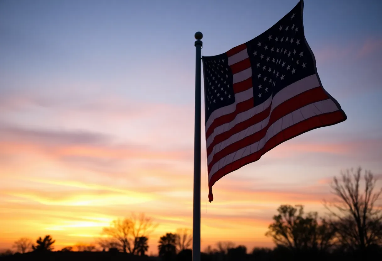 American flag at half-staff during sunset