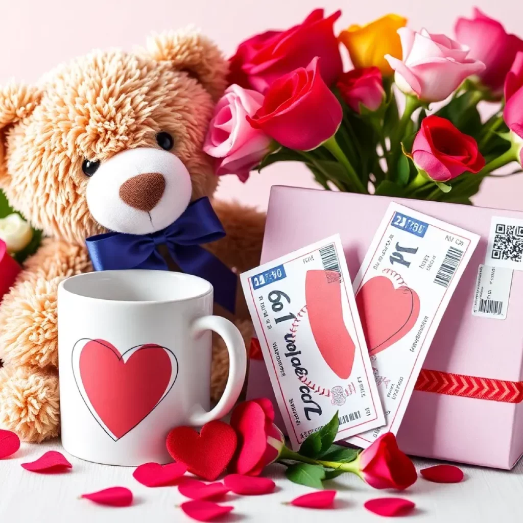 Valentine's Day gift package featuring bear, mug, flowers, and tickets