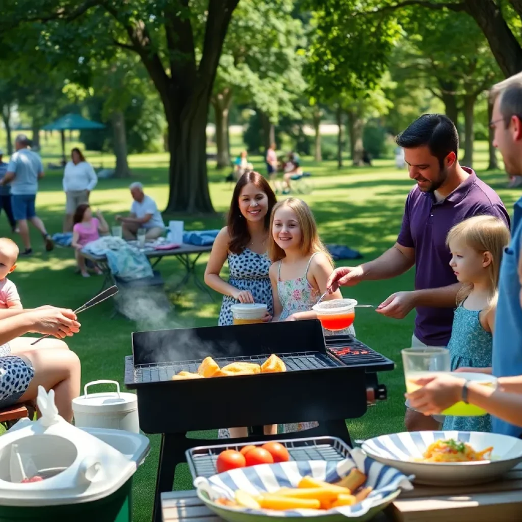 Families having fun in West Columbia parks with BBQ food.