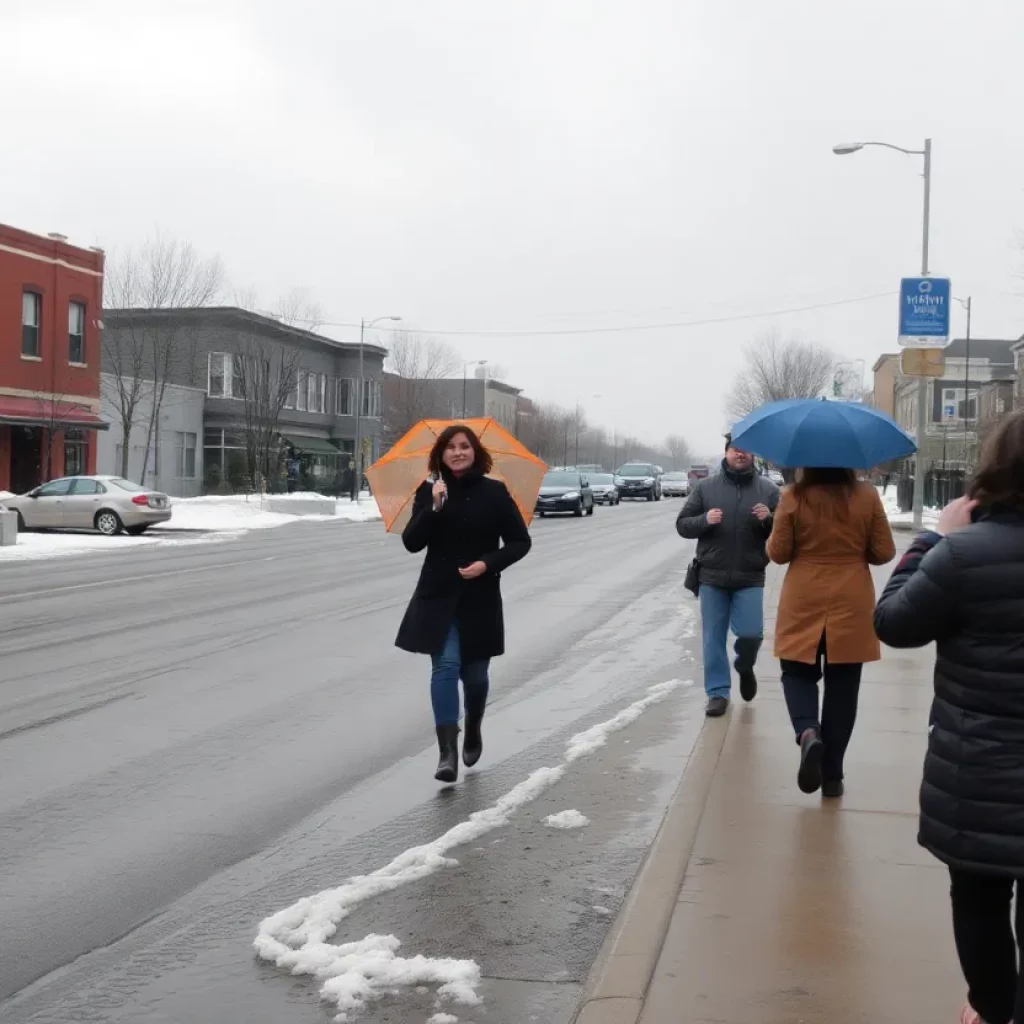 Winter weather in West Columbia with slush and residents under umbrellas.