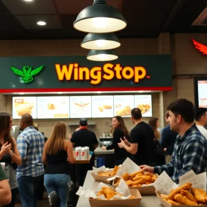 Opening day at Wingstop Lexington with customers enjoying wings.