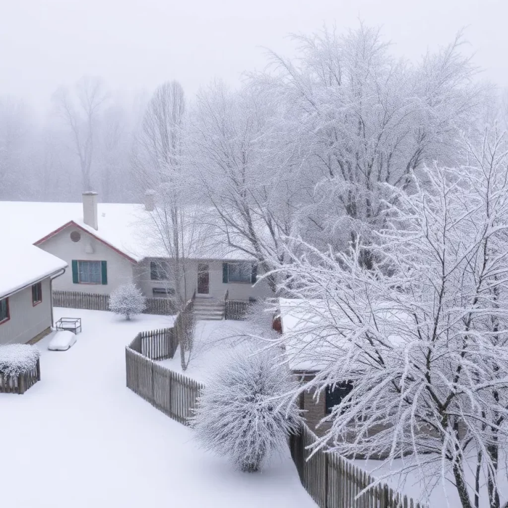 A snowy landscape in Columbia with snow-covered houses and trees.