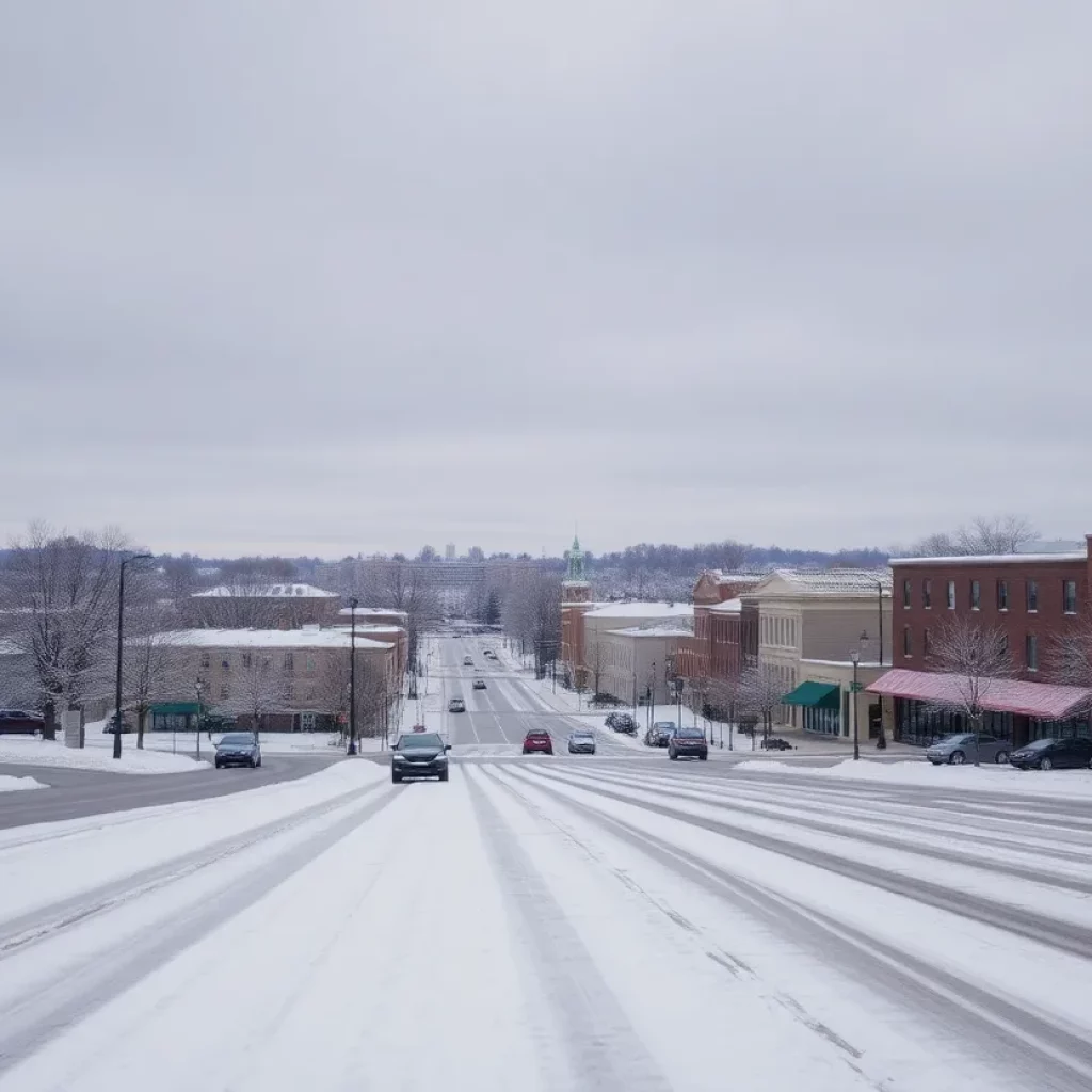 Snow-covered street in Columbia South Carolina during winter storm