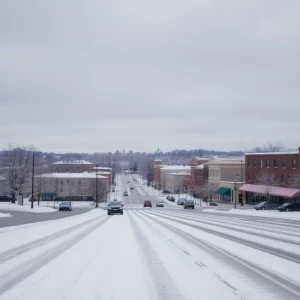 Snow-covered street in Columbia South Carolina during winter storm