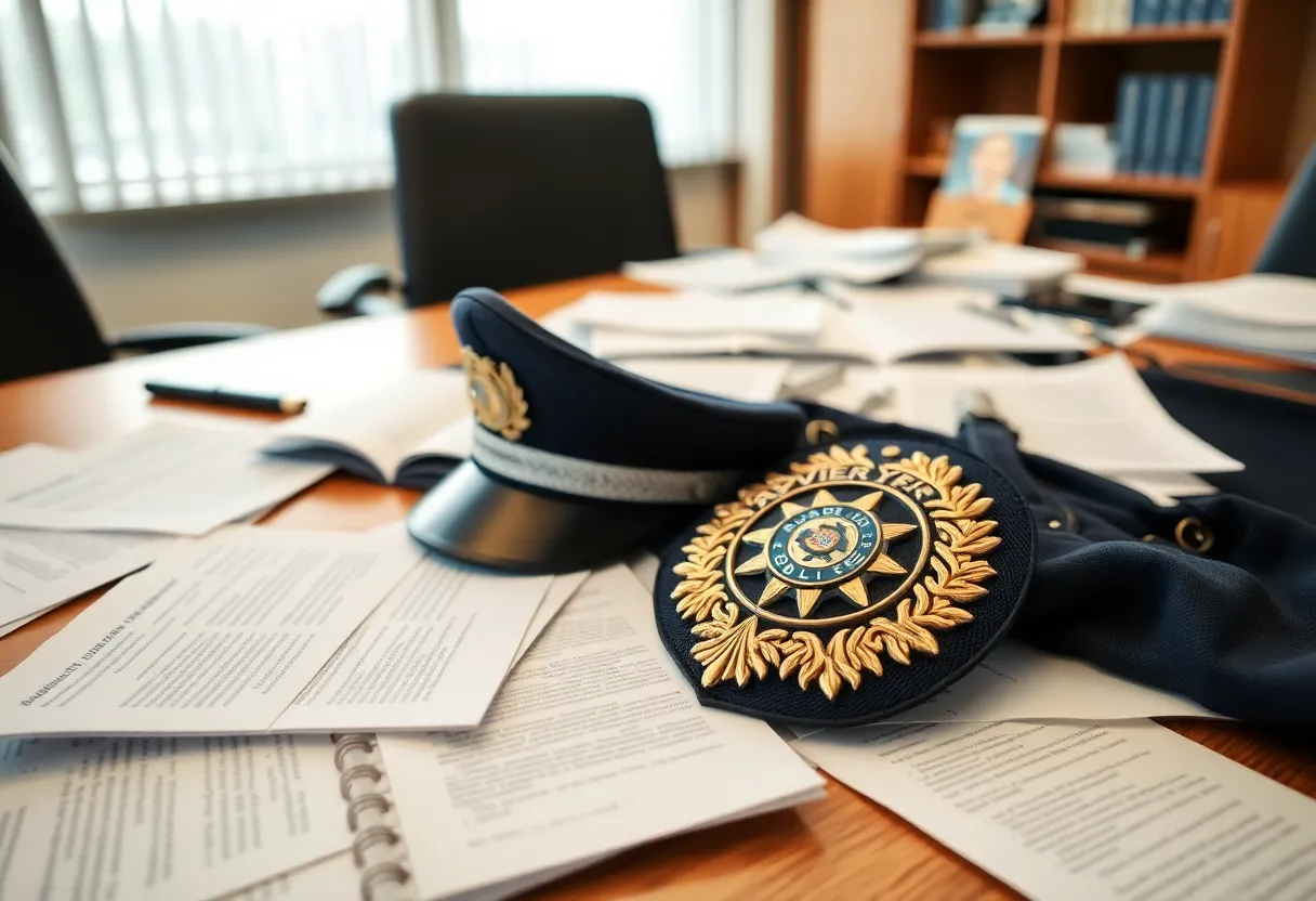 Desk with police badge and documents showing department unrest