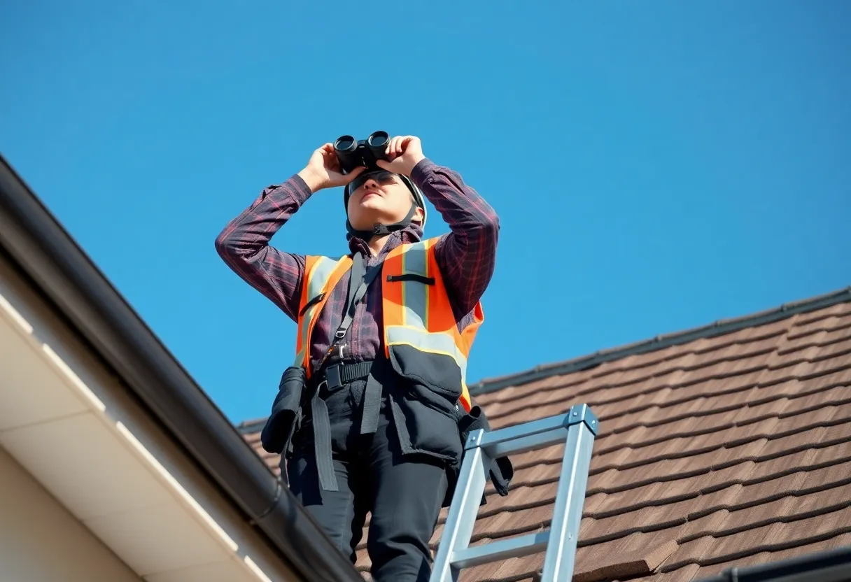 Homeowner conducting a DIY roof inspection with safety gear.
