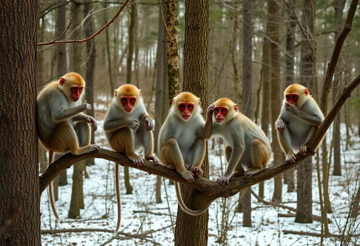 Rhesus Macaque Monkeys in Trees