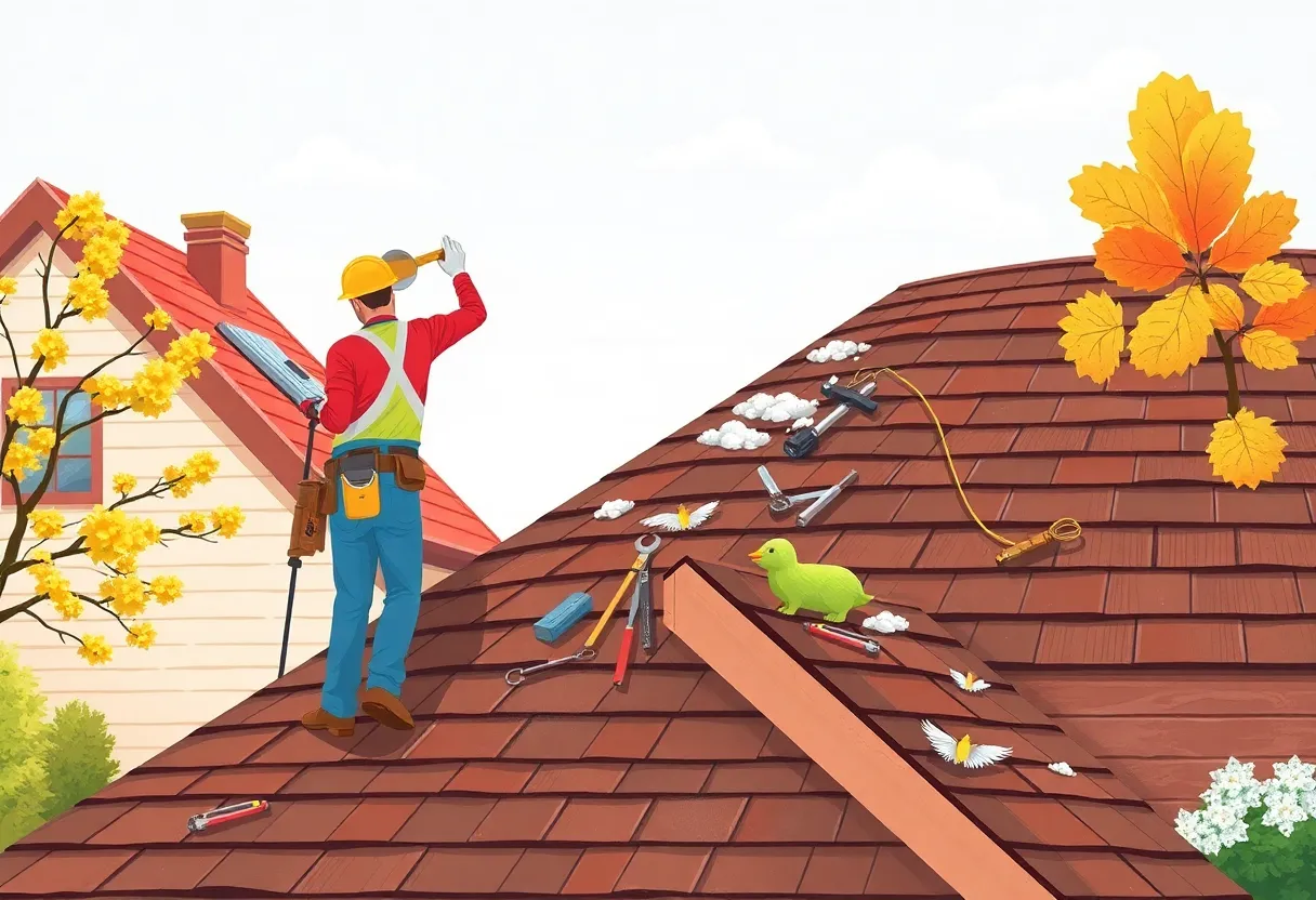 Homeowner conducting a DIY roof inspection across seasons