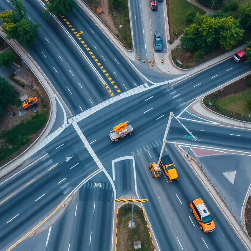 Aerial view of Carolina Crossroads Project construction site with traffic signs.