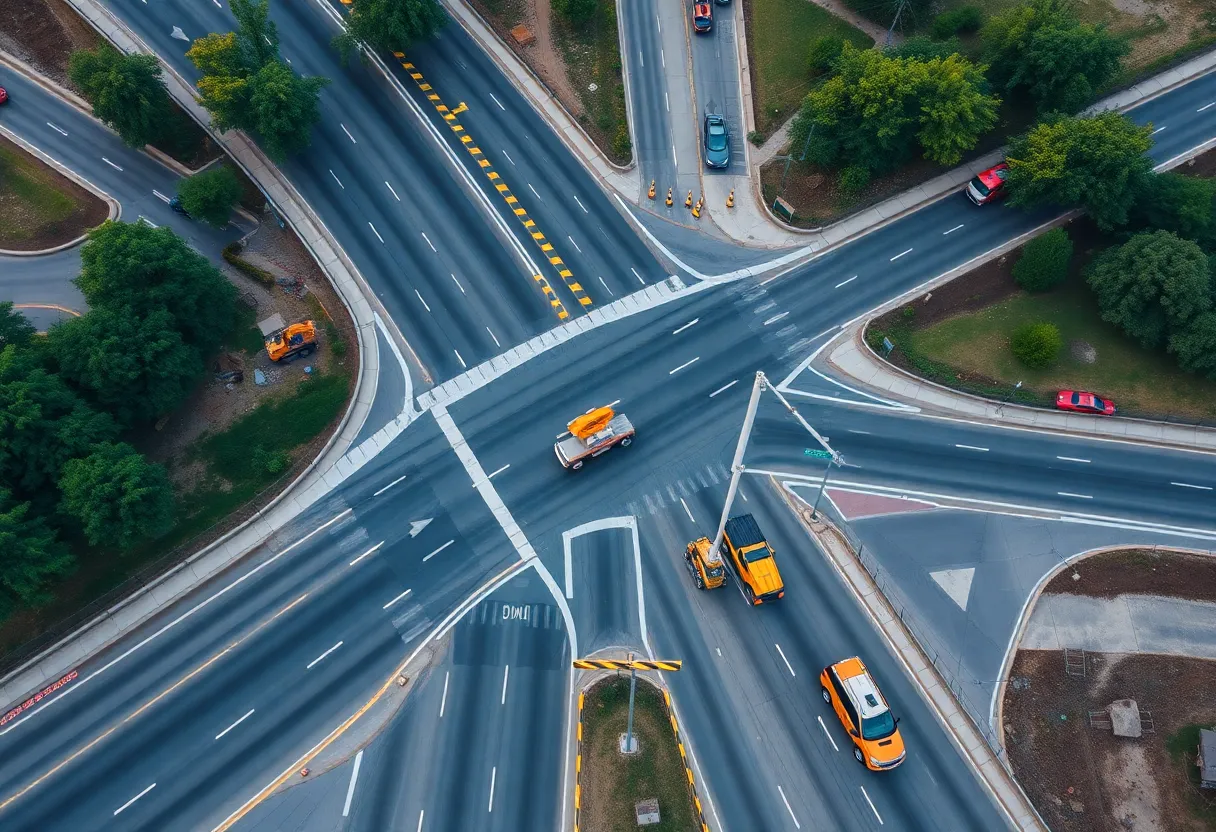 Aerial view of Carolina Crossroads Project construction site with traffic signs.